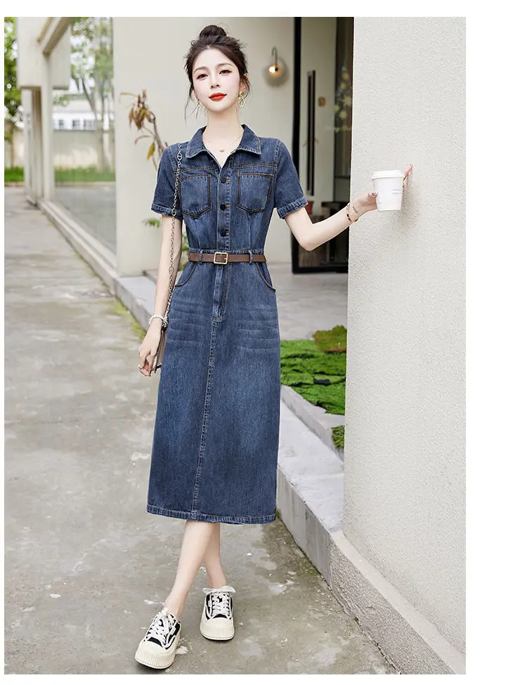 Short sleeved Denim Shirt Dress 2026 Women's New Summer Temperament Slim Dress With belt Casual Clothing