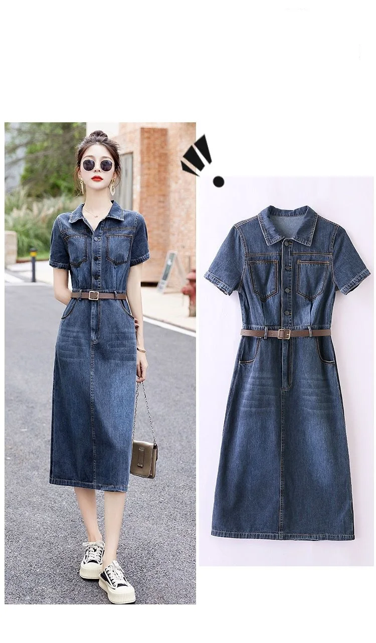 Short sleeved Denim Shirt Dress 2026 Women's New Summer Temperament Slim Dress With belt Casual Clothing