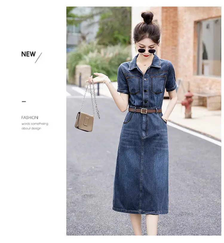 Short sleeved Denim Shirt Dress 2026 Women's New Summer Temperament Slim Dress With belt Casual Clothing