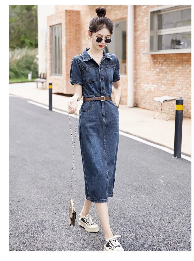 Short sleeved Denim Shirt Dress 2026 Women's New Summer Temperament Slim Dress With belt Casual Clothing