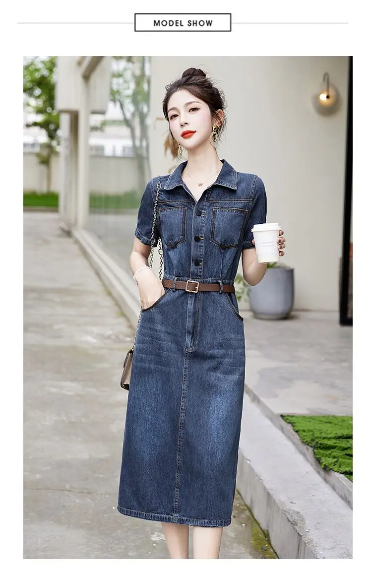 Short sleeved Denim Shirt Dress 2026 Women's New Summer Temperament Slim Dress With belt Casual Clothing