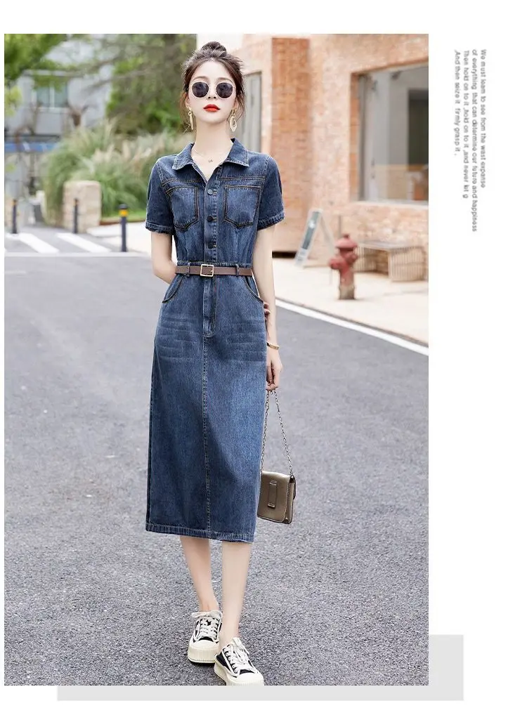 Short sleeved Denim Shirt Dress 2026 Women's New Summer Temperament Slim Dress With belt Casual Clothing