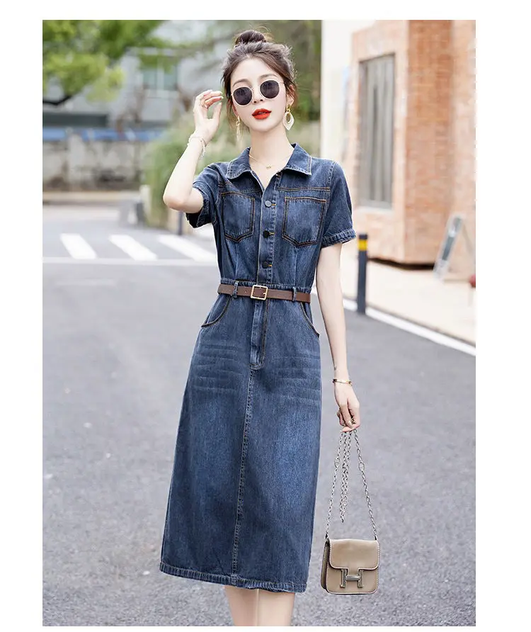 Short sleeved Denim Shirt Dress 2026 Women's New Summer Temperament Slim Dress With belt Casual Clothing