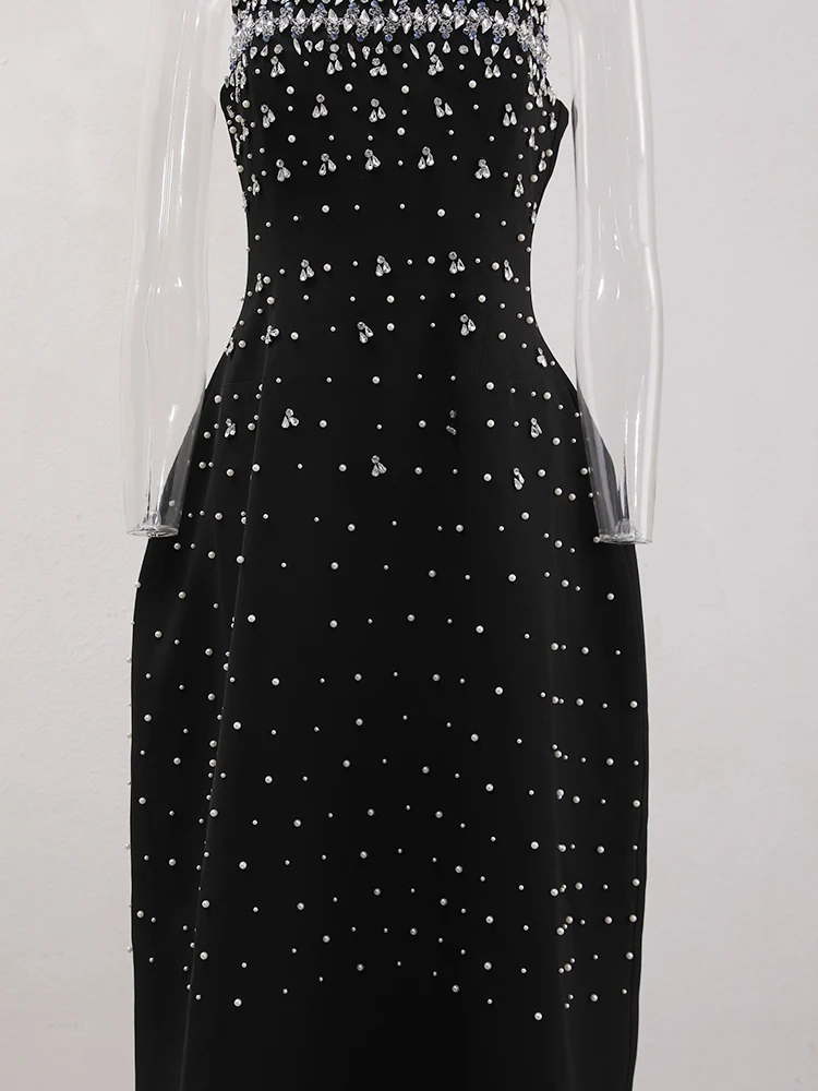 IEQJ French Style Diamond Spliced Party Mini Dresses For Women Slash Neck Sleeveless High Waist Black Female Dress 2026 3WQ6859