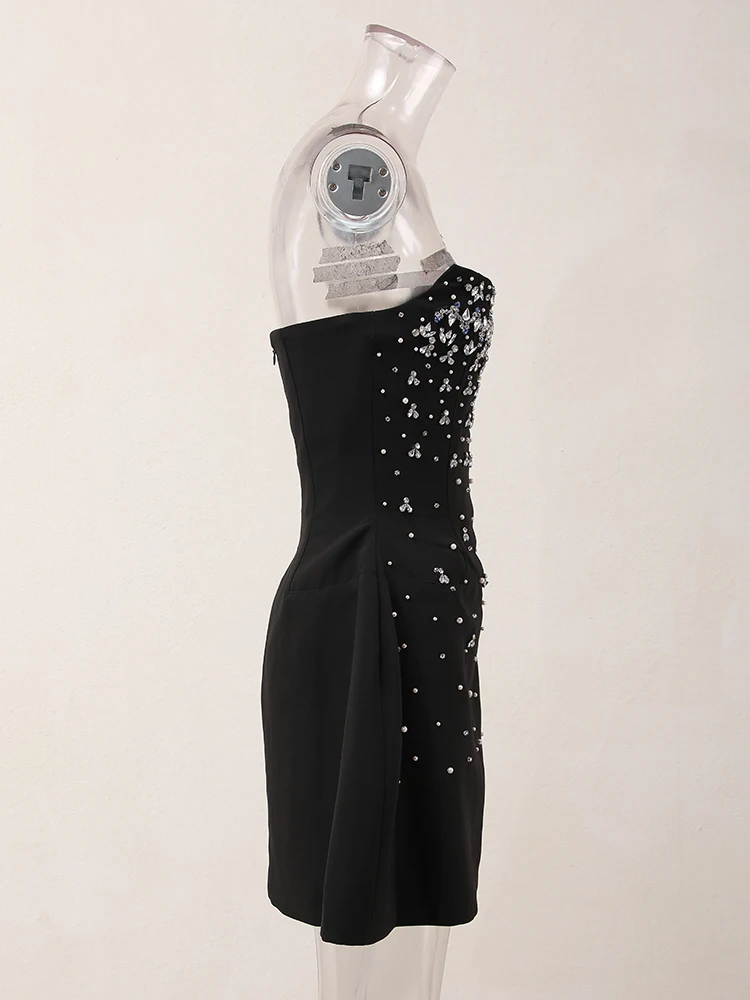 IEQJ French Style Diamond Spliced Party Mini Dresses For Women Slash Neck Sleeveless High Waist Black Female Dress 2026 3WQ6859
