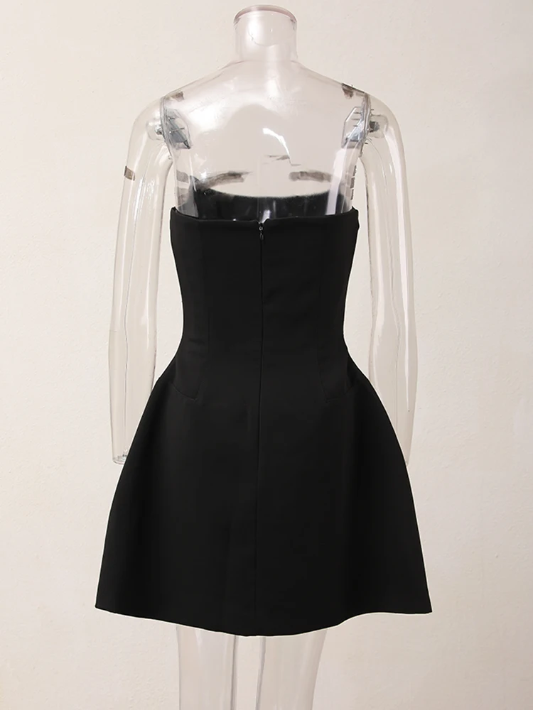 IEQJ French Style Diamond Spliced Party Mini Dresses For Women Slash Neck Sleeveless High Waist Black Female Dress 2026 3WQ6859