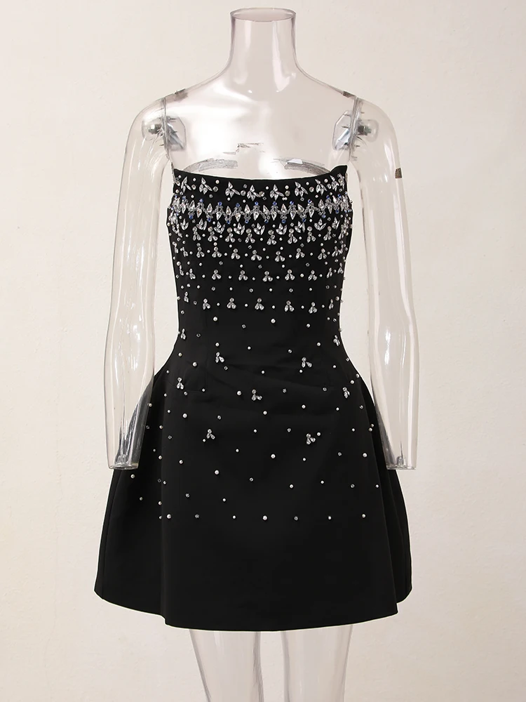 IEQJ French Style Diamond Spliced Party Mini Dresses For Women Slash Neck Sleeveless High Waist Black Female Dress 2026 3WQ6859