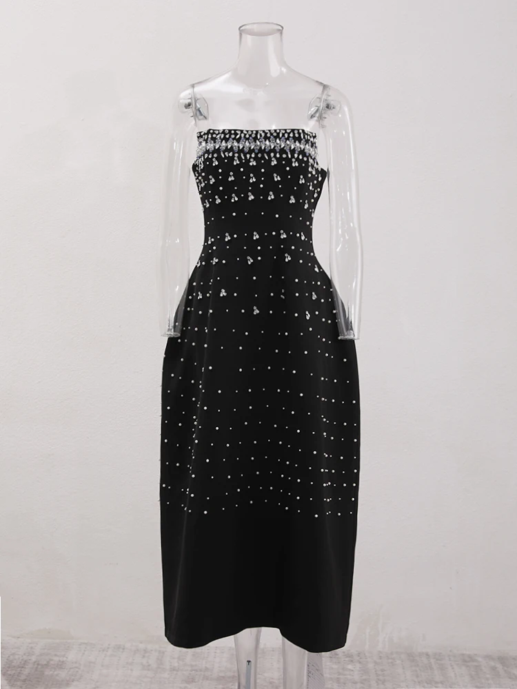 IEQJ French Style Diamond Spliced Party Mini Dresses For Women Slash Neck Sleeveless High Waist Black Female Dress 2026 3WQ6859