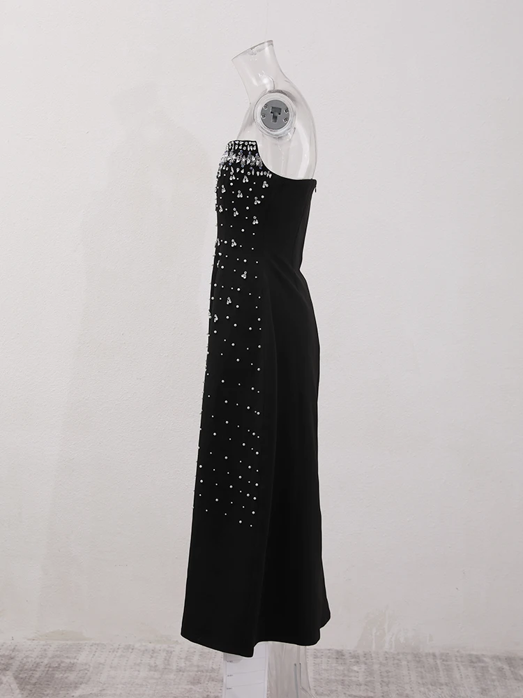 IEQJ French Style Diamond Spliced Party Mini Dresses For Women Slash Neck Sleeveless High Waist Black Female Dress 2026 3WQ6859