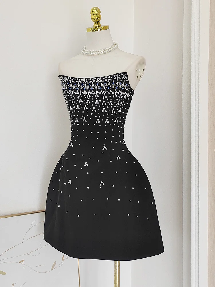 IEQJ French Style Diamond Spliced Party Mini Dresses For Women Slash Neck Sleeveless High Waist Black Female Dress 2026 3WQ6859