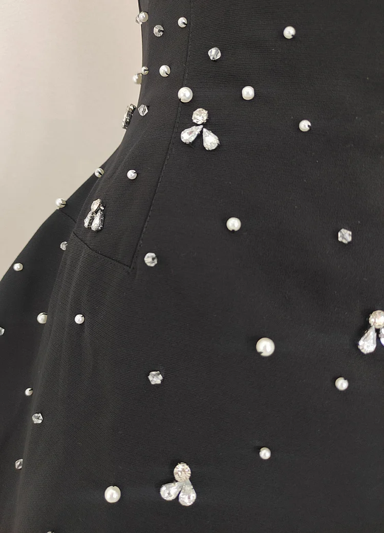 IEQJ French Style Diamond Spliced Party Mini Dresses For Women Slash Neck Sleeveless High Waist Black Female Dress 2026 3WQ6859