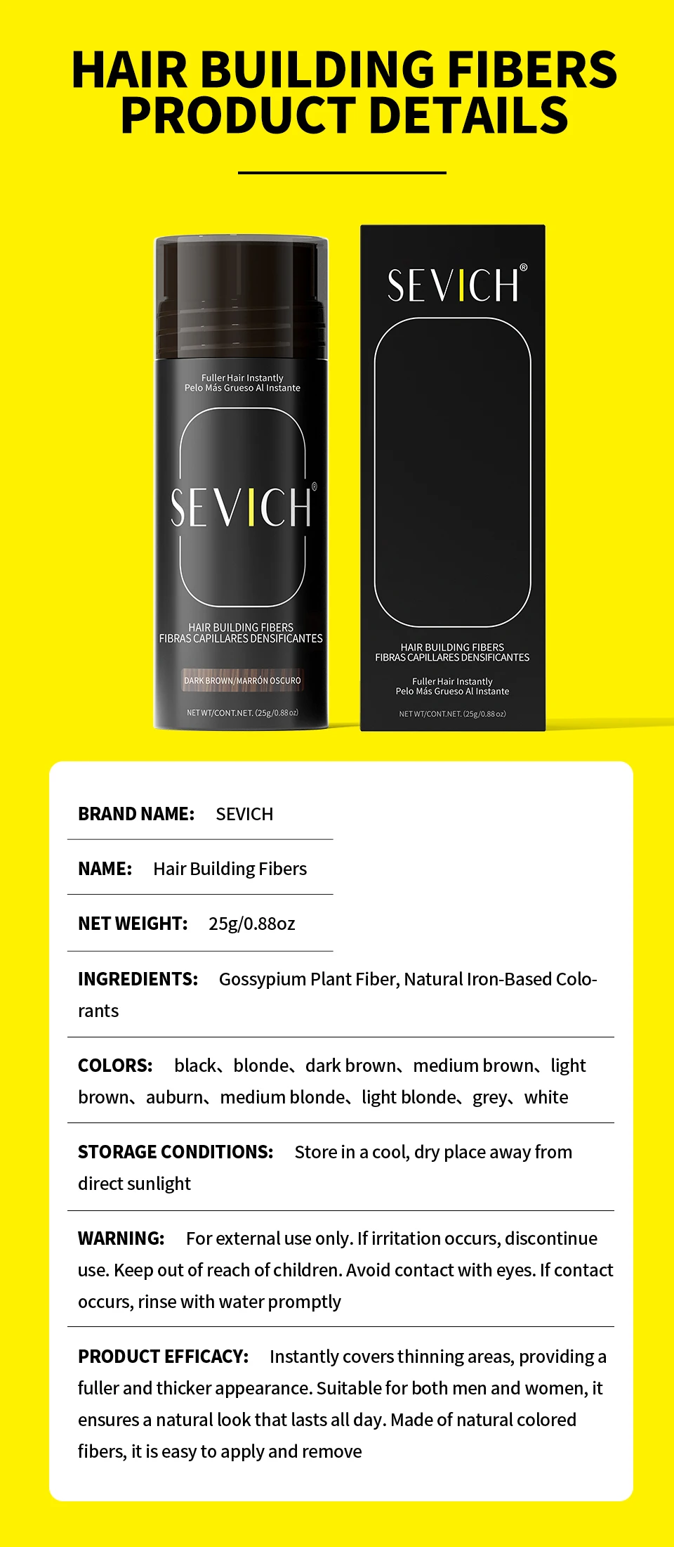 Sevich Hair Fibers Powder 25g Keratin Hair Building Fiber Thickening Powder – Instantly Thickens & Volumizes for All Hair Types