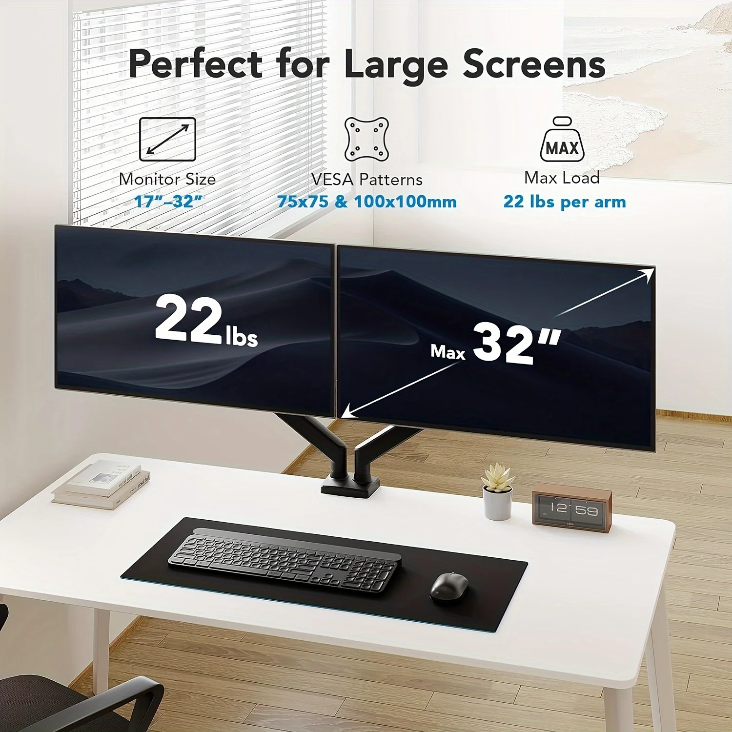 Dual Monitor Stand, Heavy Duty Adjustable Monitor Desk Mount for 2 Screens up to 32 Inches, Fully Adjustable Height, Tilt, Swivel, Rotate, Supports 17.6 lbs per Monitor Arm, Easy Installation