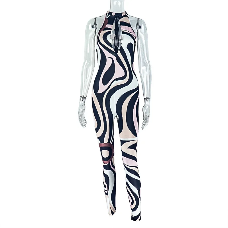 Zebra Print Jumpsuit Women o-Neck Sexy Hollow Off shoulder Sleeveless Skinny Peach Hip Hottie Street Fashion Overalls