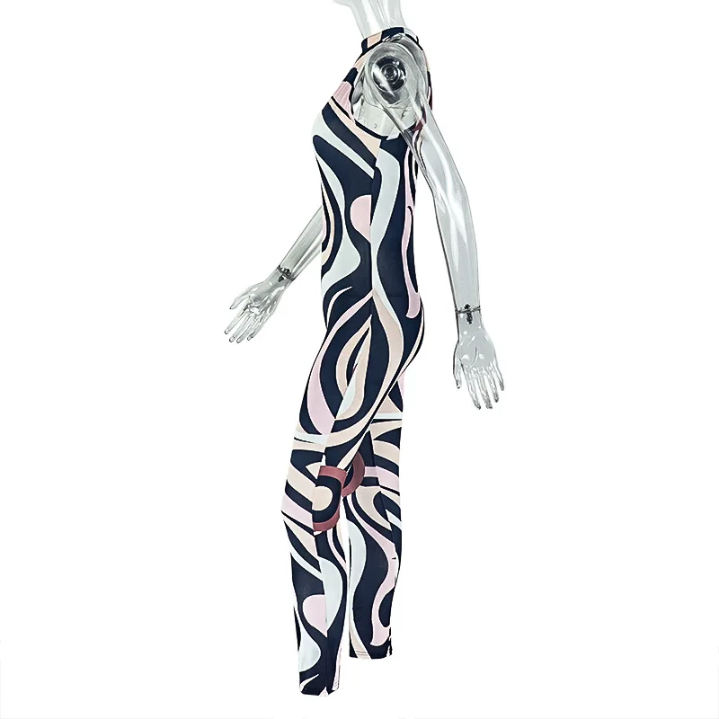 Zebra Print Jumpsuit Women o-Neck Sexy Hollow Off shoulder Sleeveless Skinny Peach Hip Hottie Street Fashion Overalls