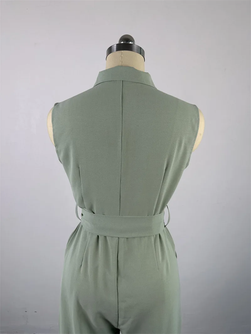 2024 Spring Summer Sleeveless Wide Leg Jumpsuit Women Turn-down Neck Pocket Front Zipper Fly Street One Piece Suit Playsuits