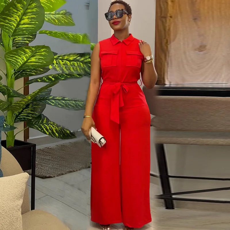 2024 Spring Summer Sleeveless Wide Leg Jumpsuit Women Turn-down Neck Pocket Front Zipper Fly Street One Piece Suit Playsuits