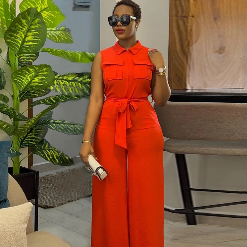 2024 Spring Summer Sleeveless Wide Leg Jumpsuit Women Turn-down Neck Pocket Front Zipper Fly Street One Piece Suit Playsuits