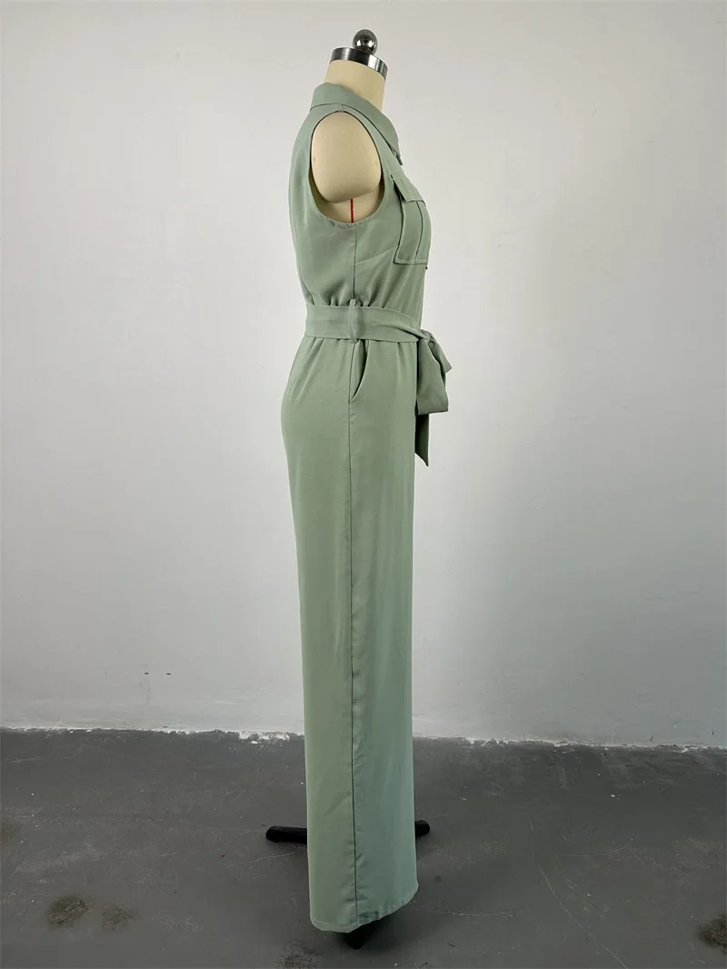 2024 Spring Summer Sleeveless Wide Leg Jumpsuit Women Turn-down Neck Pocket Front Zipper Fly Street One Piece Suit Playsuits