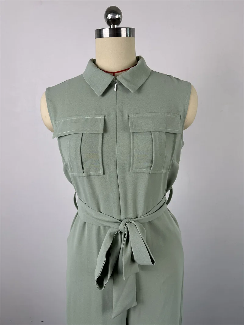2024 Spring Summer Sleeveless Wide Leg Jumpsuit Women Turn-down Neck Pocket Front Zipper Fly Street One Piece Suit Playsuits