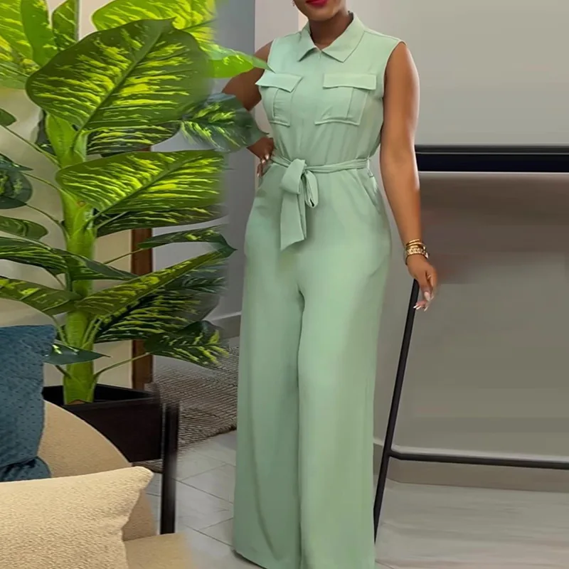 2024 Spring Summer Sleeveless Wide Leg Jumpsuit Women Turn-down Neck Pocket Front Zipper Fly Street One Piece Suit Playsuits