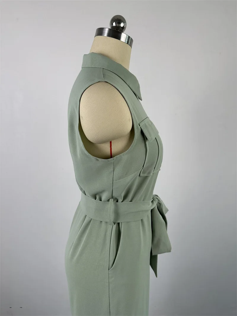 2024 Spring Summer Sleeveless Wide Leg Jumpsuit Women Turn-down Neck Pocket Front Zipper Fly Street One Piece Suit Playsuits