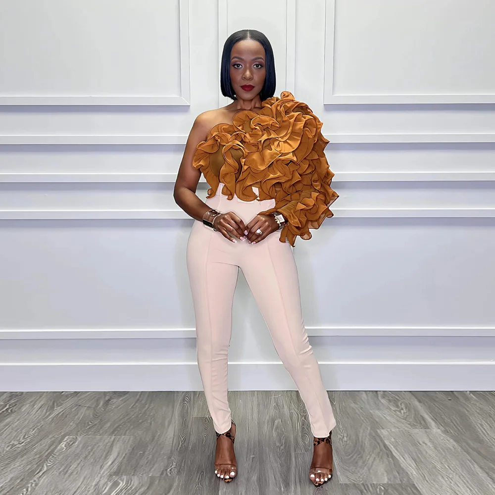 CM.YAYA Women Ruffles One Sleeve Skew Collar Tunic Blouse and Shirt Tops 2024 Summer Streetwear Night Club Party Beach Tops