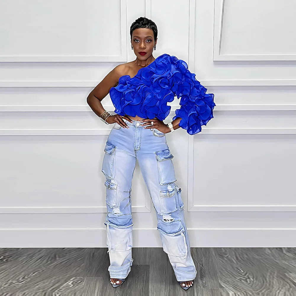 CM.YAYA Women Ruffles One Sleeve Skew Collar Tunic Blouse and Shirt Tops 2024 Summer Streetwear Night Club Party Beach Tops