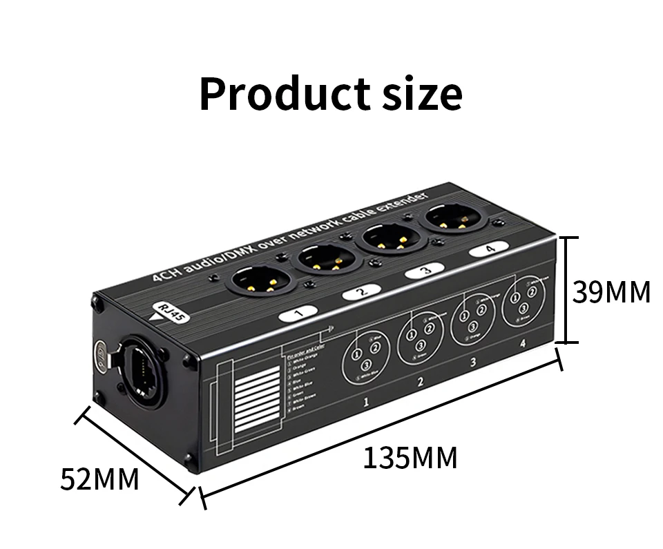 RJ45 CAT5 to 4 Channel 3Pin XLR/DMX Audio Extender DMX512 Network Signal Gilding Extender For Live Stage, Audio Recording Studio