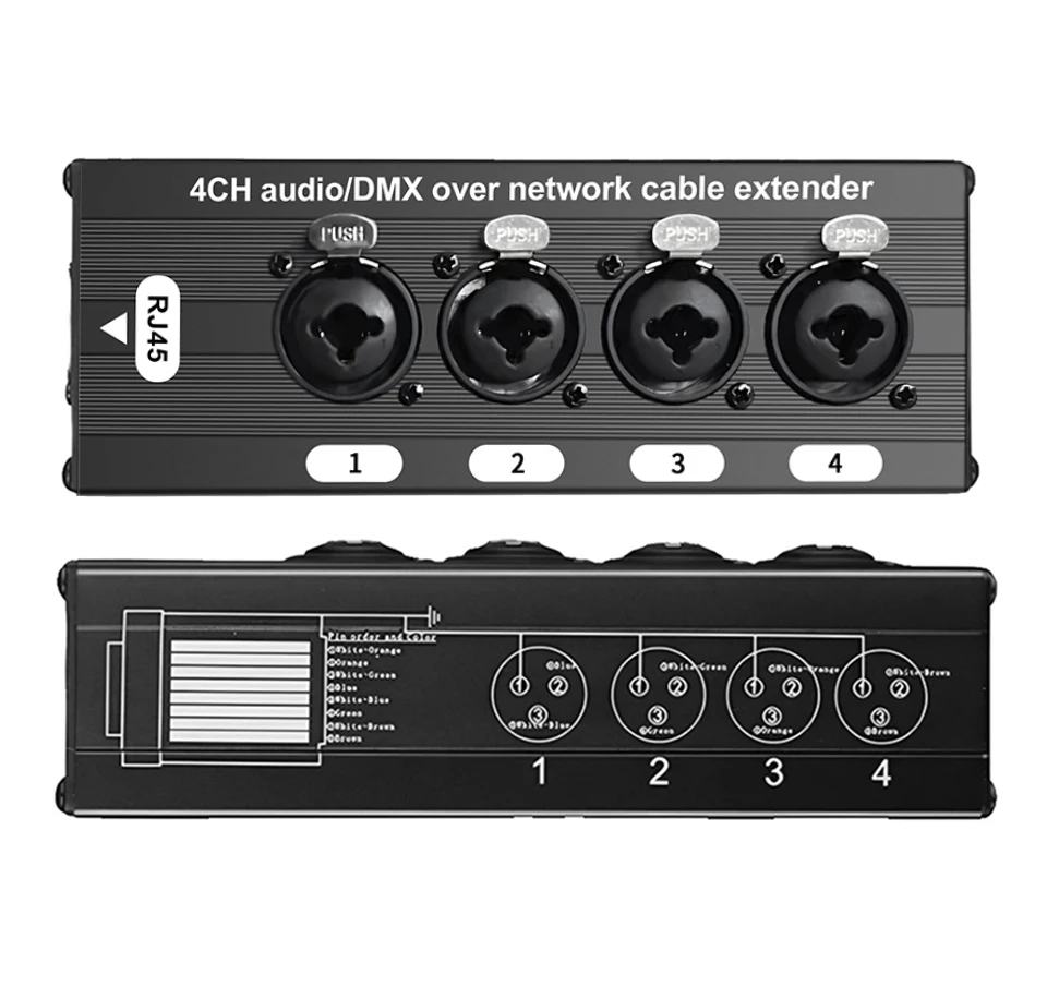 RJ45 CAT5 to 4 Channel 3Pin XLR/DMX Audio Extender DMX512 Network Signal Gilding Extender For Live Stage, Audio Recording Studio