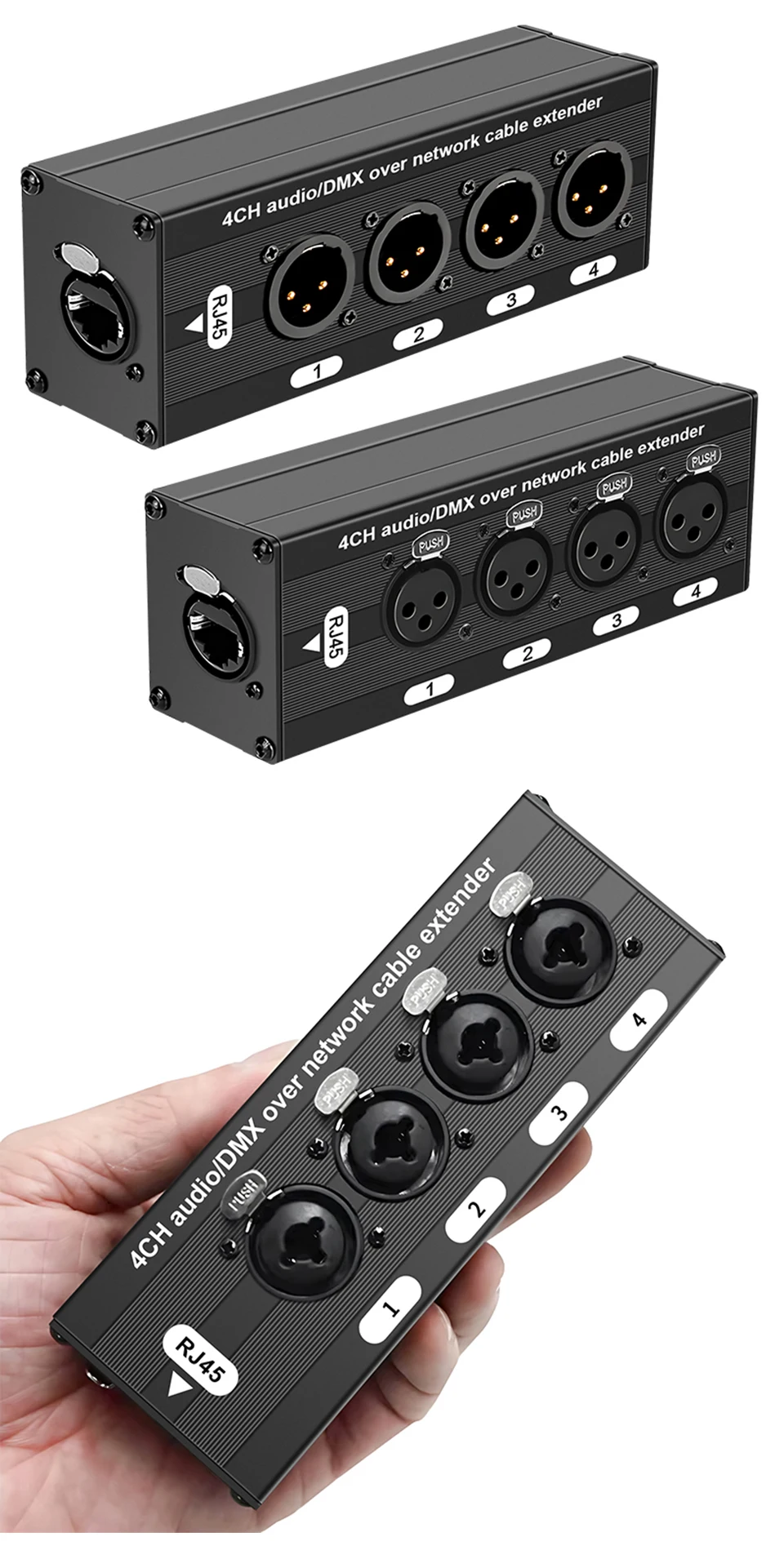 RJ45 CAT5 to 4 Channel 3Pin XLR/DMX Audio Extender DMX512 Network Signal Gilding Extender For Live Stage, Audio Recording Studio