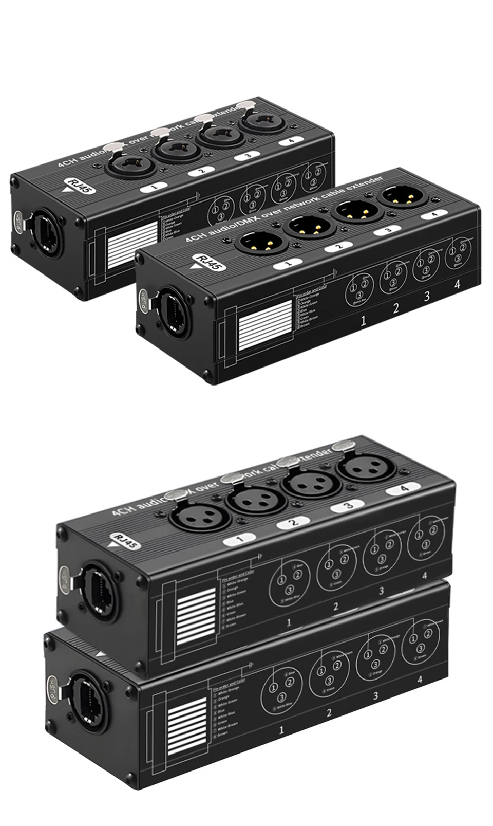 RJ45 CAT5 to 4 Channel 3Pin XLR/DMX Audio Extender DMX512 Network Signal Gilding Extender For Live Stage, Audio Recording Studio