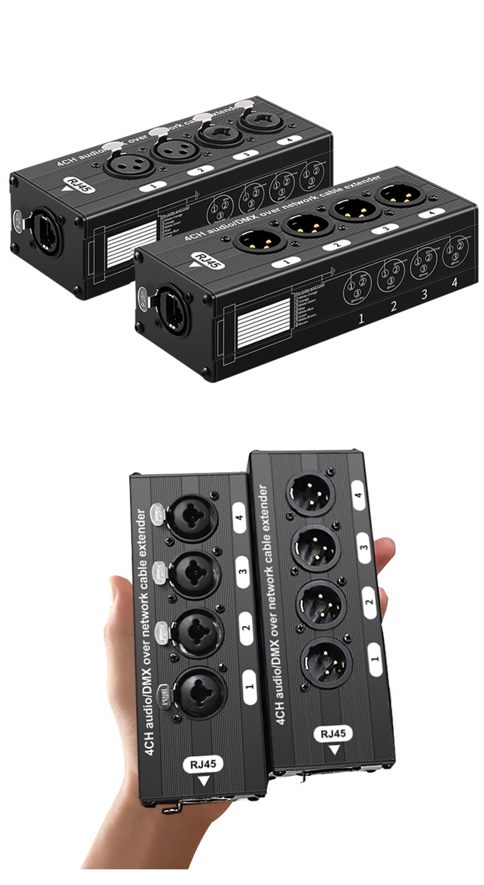 RJ45 CAT5 to 4 Channel 3Pin XLR/DMX Audio Extender DMX512 Network Signal Gilding Extender For Live Stage, Audio Recording Studio