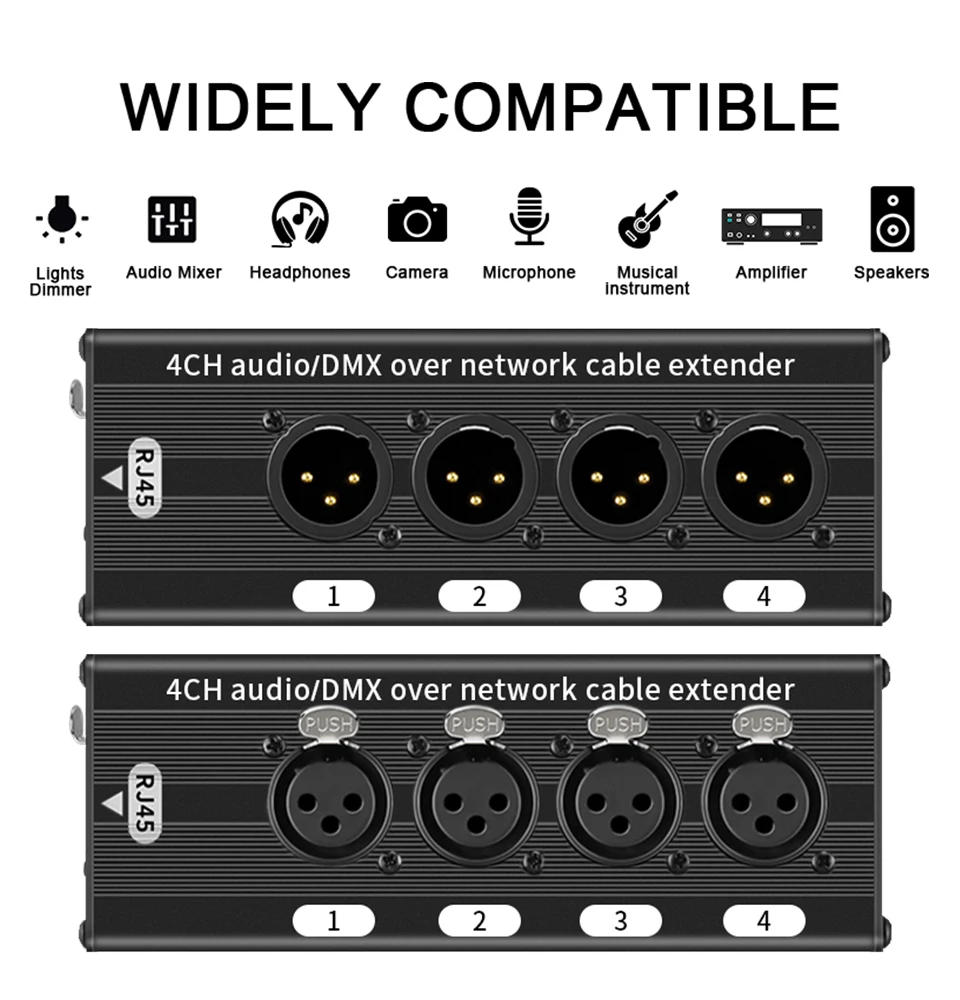 RJ45 CAT5 to 4 Channel 3Pin XLR/DMX Audio Extender DMX512 Network Signal Gilding Extender For Live Stage, Audio Recording Studio