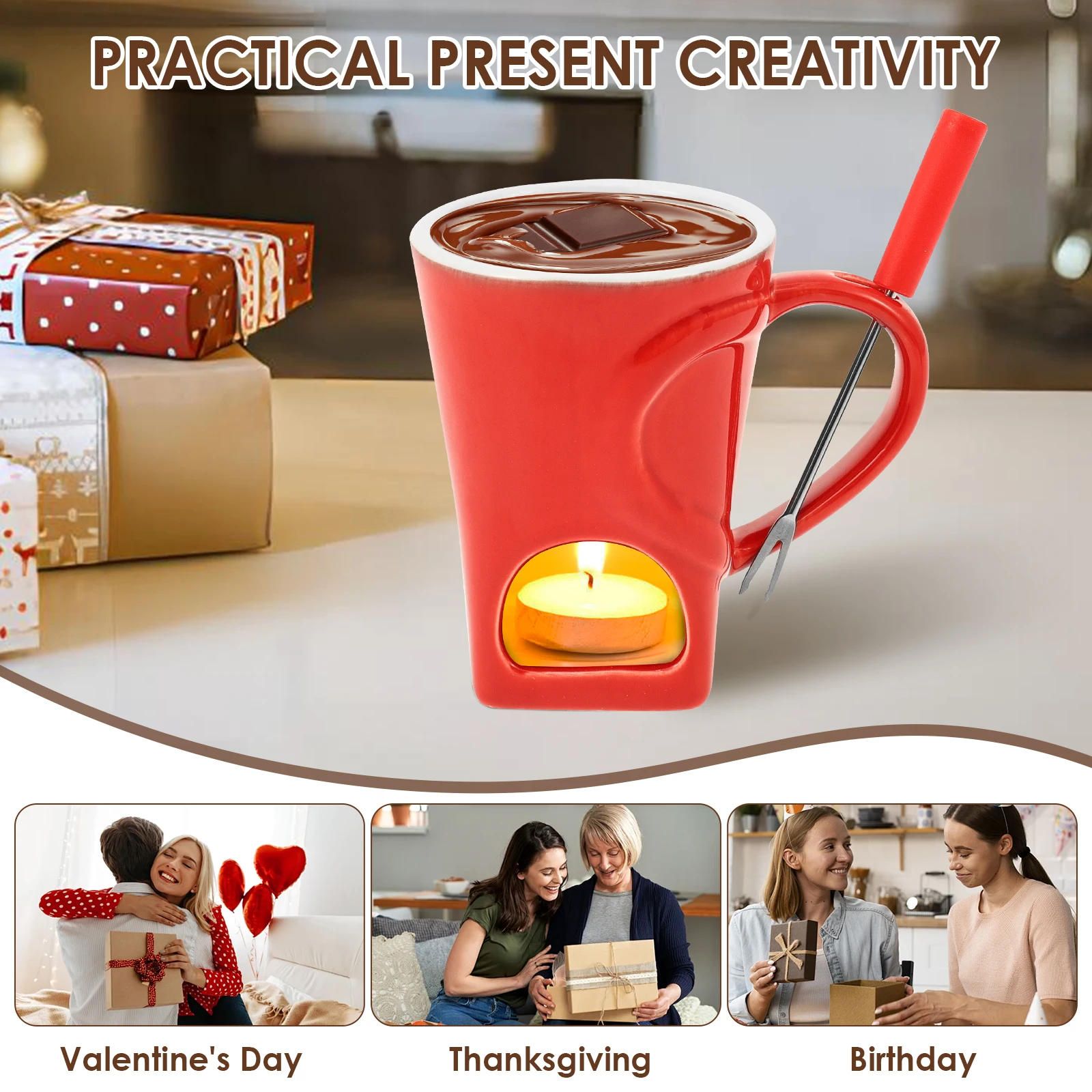 150ML Chocolate Fondue Cup European Candle Cup Ceramic Mug Heating Food Cheese Butter Coffee Mug With Fork Home Party Supplies