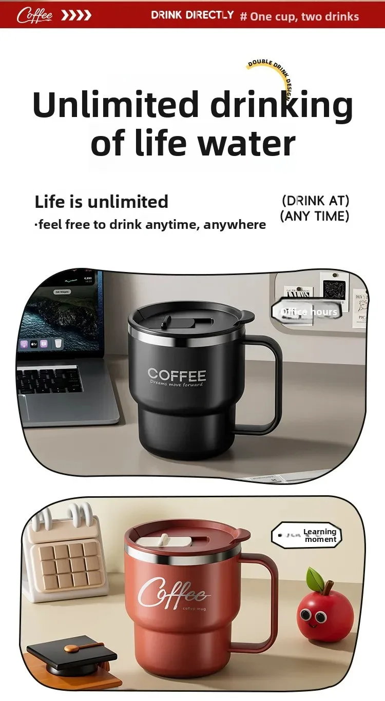 WORTHBUY 304 Stainless Steel Double Wall Insulated Coffee Cup With Handle Portable Students Leak-proof Water Cup Milk Coffee Mug