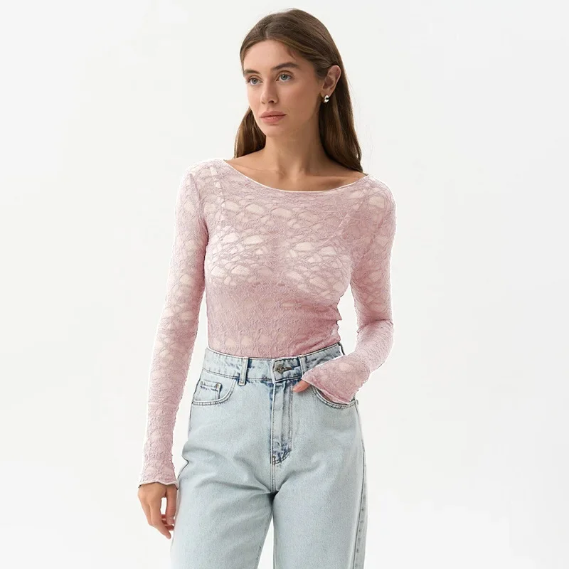 Long Sleeve T Shirts For Women Aesthetic Clothes O-neck Ropa Mujer See Through Lace Crop Top Slim Fit Camisetas Y2k Accessories