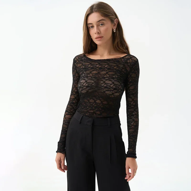 Long Sleeve T Shirts For Women Aesthetic Clothes O-neck Ropa Mujer See Through Lace Crop Top Slim Fit Camisetas Y2k Accessories