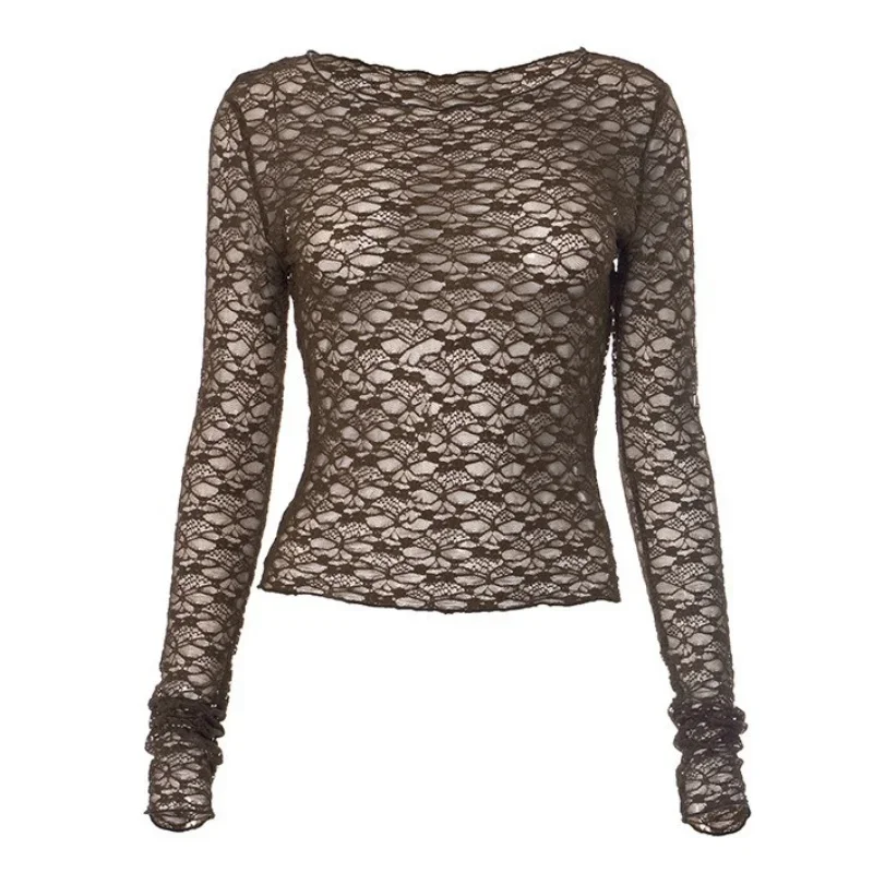 Long Sleeve T Shirts For Women Aesthetic Clothes O-neck Ropa Mujer See Through Lace Crop Top Slim Fit Camisetas Y2k Accessories