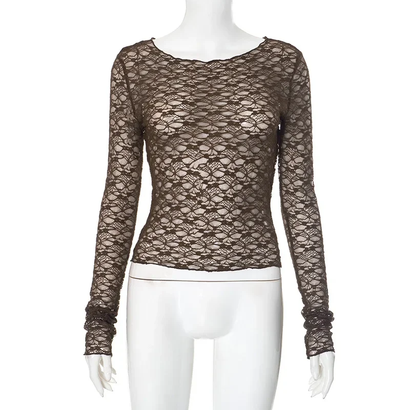 Long Sleeve T Shirts For Women Aesthetic Clothes O-neck Ropa Mujer See Through Lace Crop Top Slim Fit Camisetas Y2k Accessories