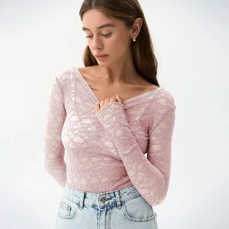 Long Sleeve T Shirts For Women Aesthetic Clothes O-neck Ropa Mujer See Through Lace Crop Top Slim Fit Camisetas Y2k Accessories