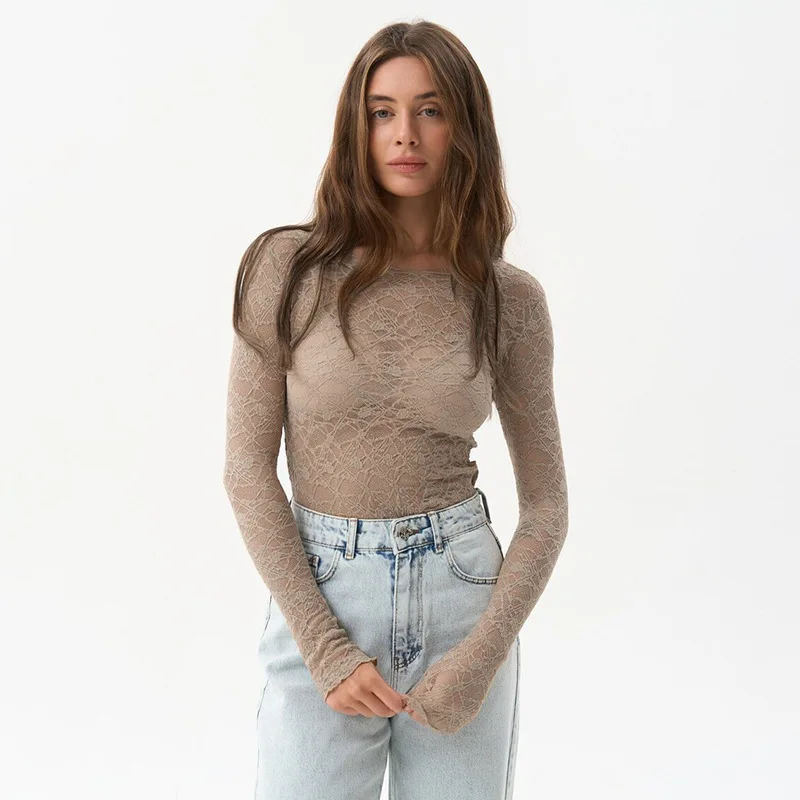 Long Sleeve T Shirts For Women Aesthetic Clothes O-neck Ropa Mujer See Through Lace Crop Top Slim Fit Camisetas Y2k Accessories