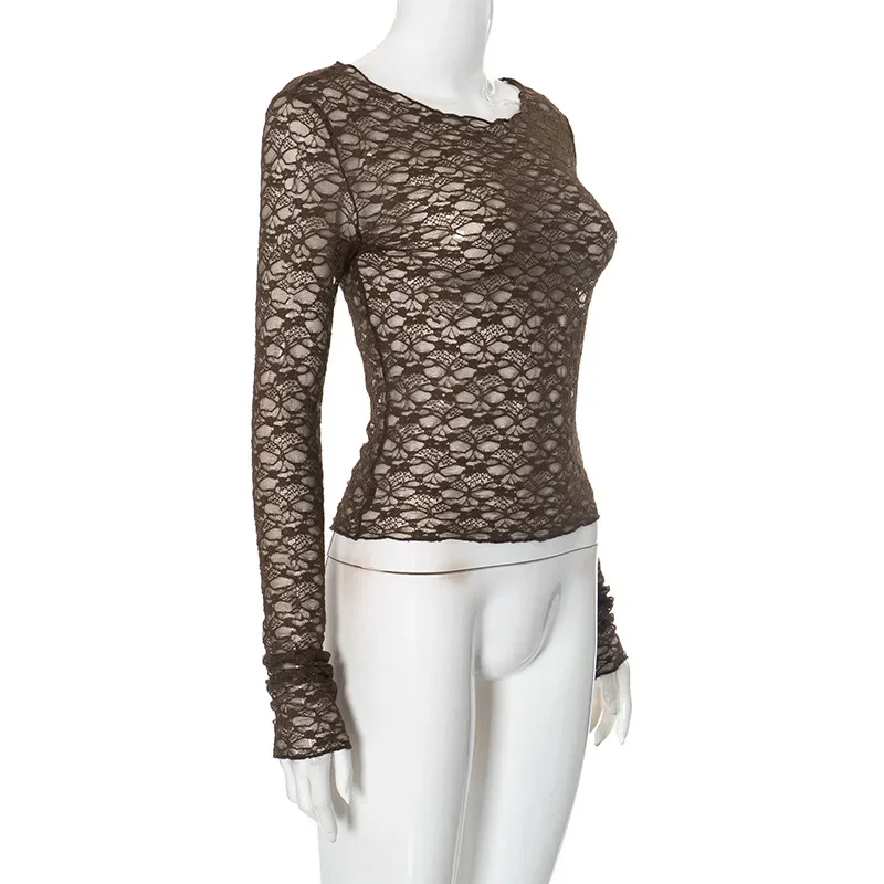 Long Sleeve T Shirts For Women Aesthetic Clothes O-neck Ropa Mujer See Through Lace Crop Top Slim Fit Camisetas Y2k Accessories