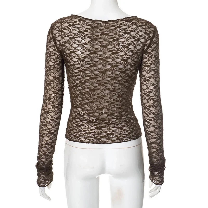 Long Sleeve T Shirts For Women Aesthetic Clothes O-neck Ropa Mujer See Through Lace Crop Top Slim Fit Camisetas Y2k Accessories