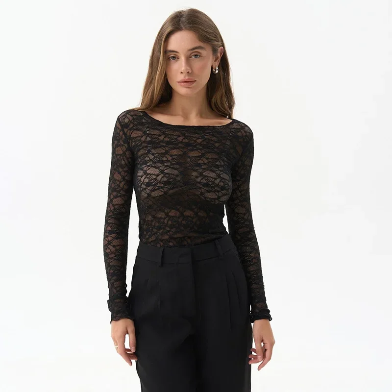 Long Sleeve T Shirts For Women Aesthetic Clothes O-neck Ropa Mujer See Through Lace Crop Top Slim Fit Camisetas Y2k Accessories