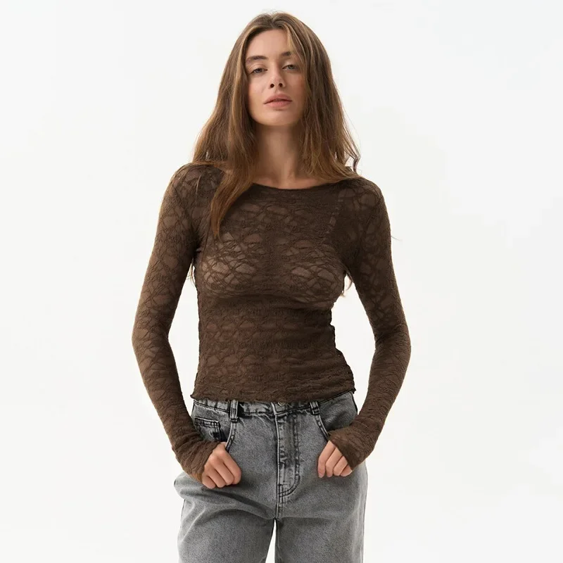 Long Sleeve T Shirts For Women Aesthetic Clothes O-neck Ropa Mujer See Through Lace Crop Top Slim Fit Camisetas Y2k Accessories