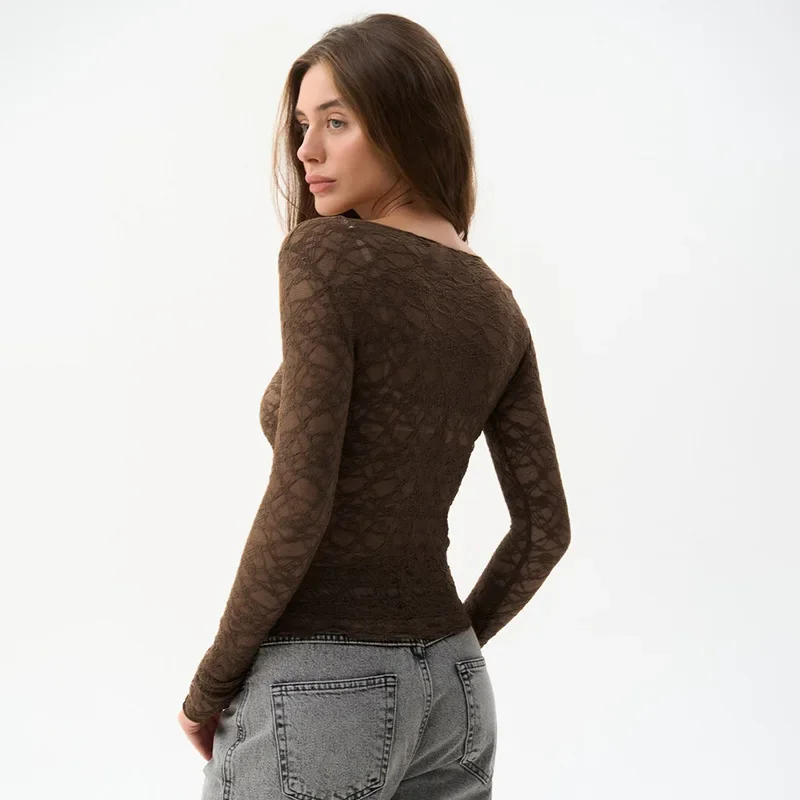 Long Sleeve T Shirts For Women Aesthetic Clothes O-neck Ropa Mujer See Through Lace Crop Top Slim Fit Camisetas Y2k Accessories