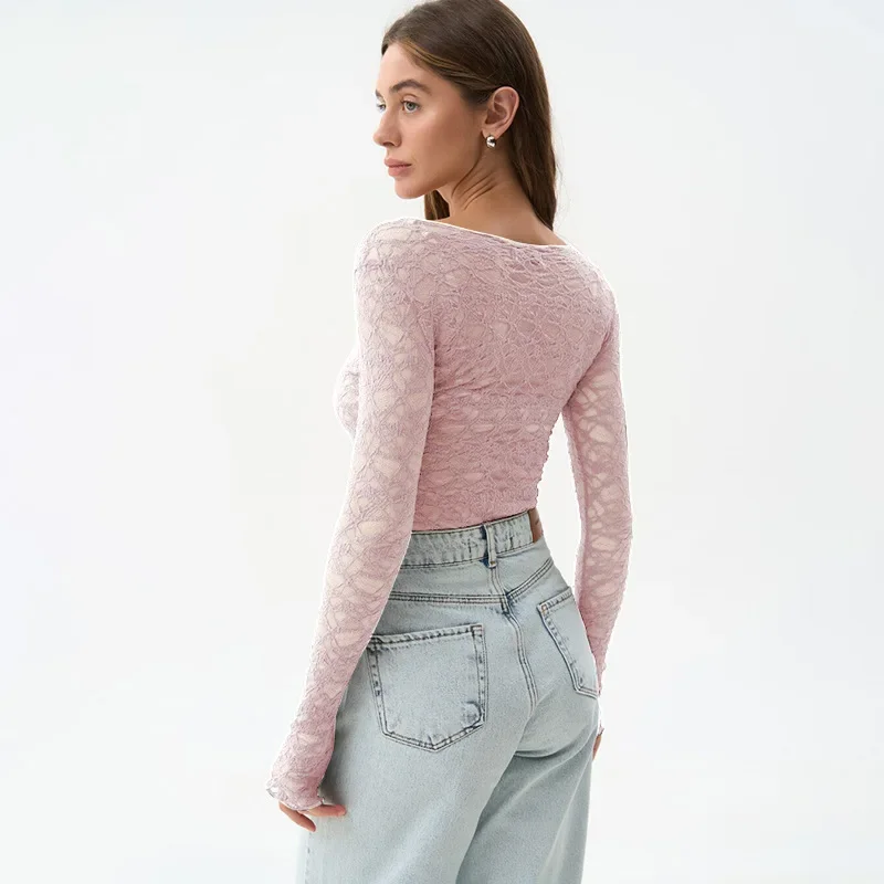Long Sleeve T Shirts For Women Aesthetic Clothes O-neck Ropa Mujer See Through Lace Crop Top Slim Fit Camisetas Y2k Accessories