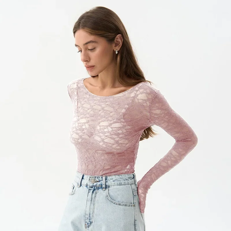 Long Sleeve T Shirts For Women Aesthetic Clothes O-neck Ropa Mujer See Through Lace Crop Top Slim Fit Camisetas Y2k Accessories