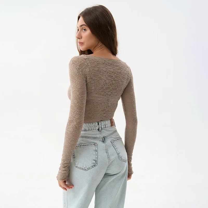 Long Sleeve T Shirts For Women Aesthetic Clothes O-neck Ropa Mujer See Through Lace Crop Top Slim Fit Camisetas Y2k Accessories